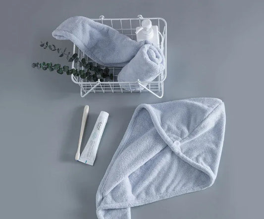 Soft Microfibre Hair Drying Towel Wrap - Super Absorbent Coral Fleece Turban with Secure Button - Quick Dry Bath Head Cap for Wet Hair & Spa - Light blue - Mekamart Australia