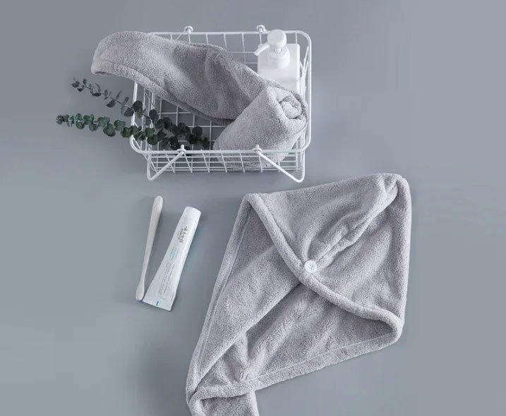 Soft Microfibre Hair Drying Towel Wrap - Super Absorbent Coral Fleece Turban with Secure Button - Quick Dry Bath Head Cap for Wet Hair & Spa - Light gray - Mekamart Australia