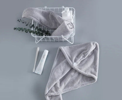 Soft Microfibre Hair Drying Towel Wrap - Super Absorbent Coral Fleece Turban with Secure Button - Quick Dry Bath Head Cap for Wet Hair & Spa - Light gray - Mekamart Australia
