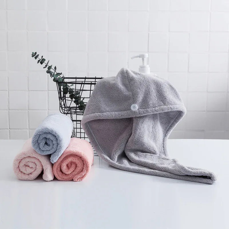Soft Microfibre Hair Drying Towel Wrap - Super Absorbent Coral Fleece Turban with Secure Button - Quick Dry Bath Head Cap for Wet Hair & Spa - Light gray - Mekamart Australia