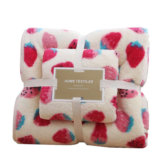 2 Pack Strawberry Coral Fleece Bath Towel Set - Ultra Soft Absorbent Microfibre Bathroom Towels with Hanging Loop - 70x140cm & 35x75cm - Mekamart Australia