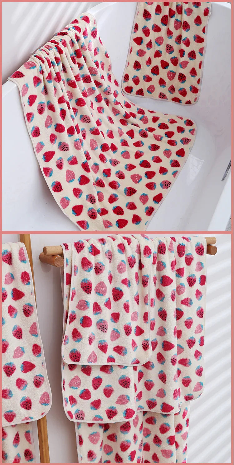 2 Pack Strawberry Coral Fleece Bath Towel Set - Ultra Soft Absorbent Microfibre Bathroom Towels with Hanging Loop - 70x140cm & 35x75cm - Mekamart Australia