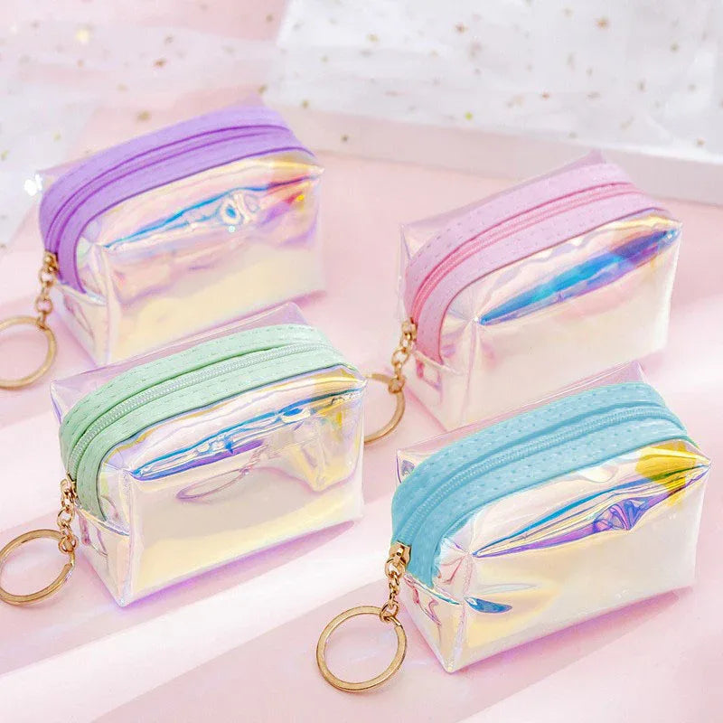 4 PCS Holographic Mini Coin Purses - Iridescent TPU Keyring Pouch - Waterproof Clear Storage for Earbuds, Lipstick & Keys - Small Rectangular Bag Charm 9cm - Mekamart Australia