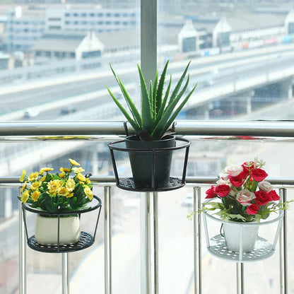 Hanging Flower Pot Holder Metal Balcony Railing Planter Basket Round Iron Rack with Mesh Bottom Fits up to 6cm Rail for Fence & Patio White - Mekamart Australia