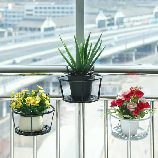 Hanging Flower Pot Holder Metal Balcony Railing Planter Basket Round Iron Rack with Mesh Bottom Fits up to 6cm Rail for Fence & Patio White - Mekamart Australia