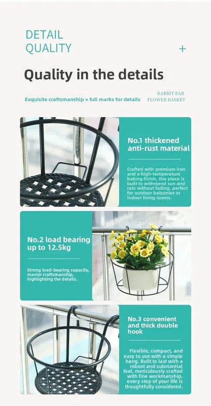 Hanging Flower Pot Holder Metal Balcony Railing Planter Basket Round Iron Rack with Mesh Bottom Fits up to 6cm Rail for Fence & Patio White - Mekamart Australia