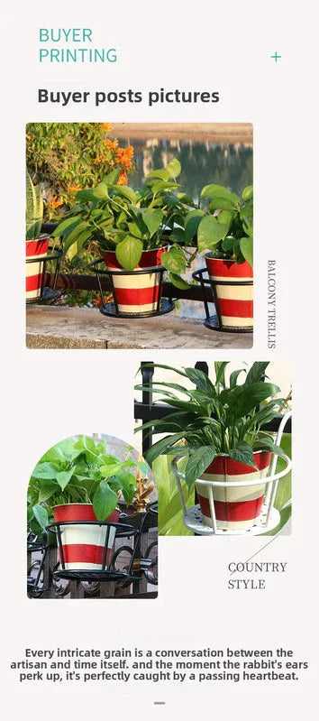 Hanging Flower Pot Holder Metal Balcony Railing Planter Basket Round Iron Rack with Mesh Bottom Fits up to 6cm Rail for Fence & Patio Brown - Mekamart Australia