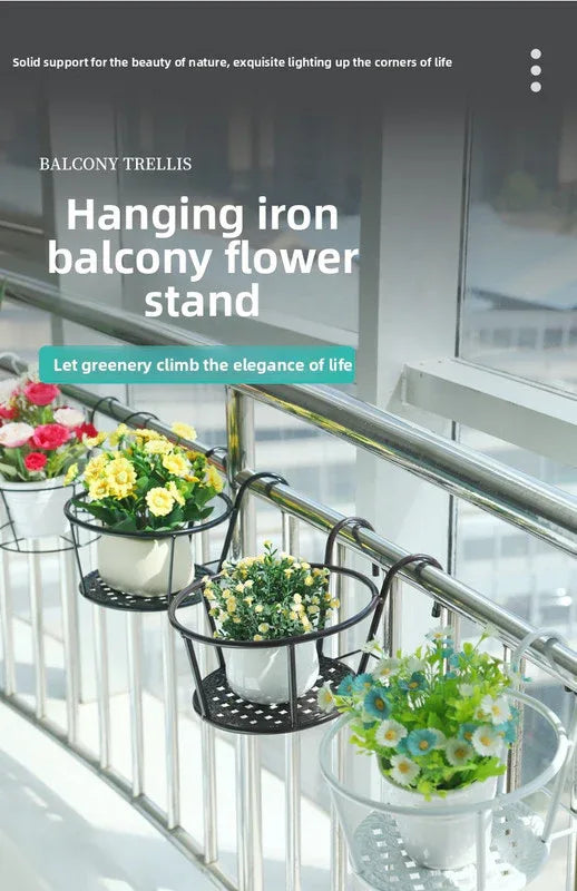Hanging Flower Pot Holder Metal Balcony Railing Planter Basket Round Iron Rack with Mesh Bottom Fits up to 6cm Rail for Fence & Patio Black - Mekamart Australia