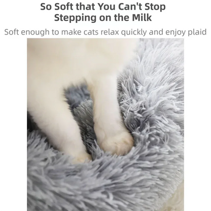 Grey Cozy Donut Long Plush Cat & Dog Calming Bed(Diameter 50cm) - Double-Layer PP Cotton Filling Warming Pet Bed with Anti-Slip Base & Free Blanket - Mekamart Australia
