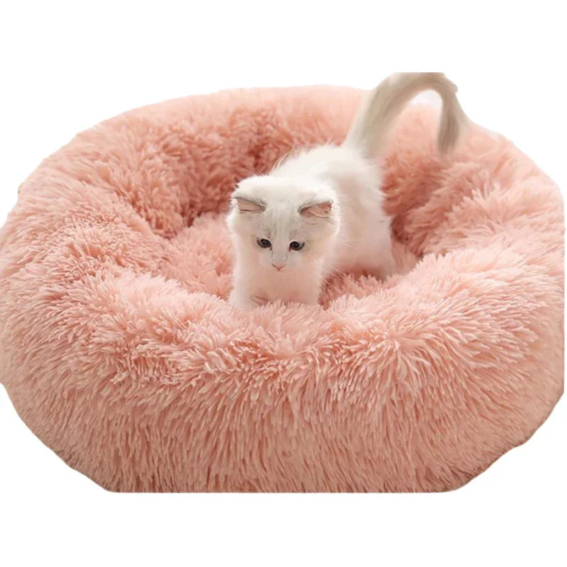 Pink Cozy Donut Long Plush Cat & Dog Calming Bed(Diameter 50cm) - Double-Layer PP Cotton Filling Warming Pet Bed with Anti-Slip Base & Free Blanket - Mekamart Australia