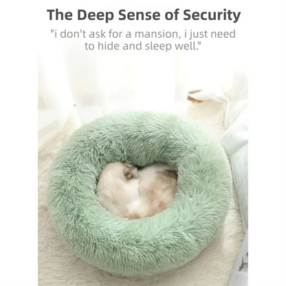 Green Cozy Donut Long Plush Cat & Dog Calming Bed(Diameter 50cm) - Double-Layer PP Cotton Filling Warming Pet Bed with Anti-Slip Base & Free Blanket - Mekamart Australia