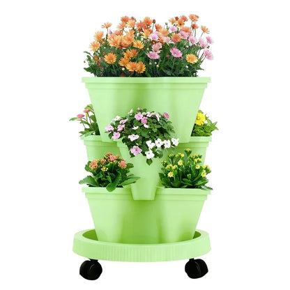 Green 3-Tier Stackable Strawberry & Vegetable Planter with Mobile Wheel Tray - Space-Saving Vertical Gardening System - Mekamart Australia