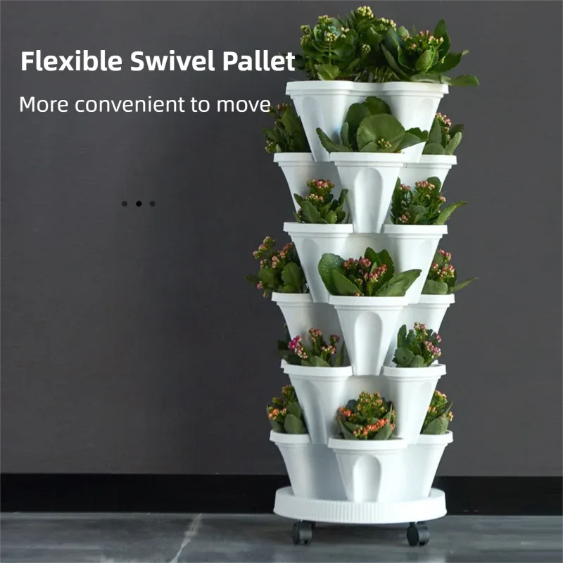 Pink 3-Tier Stackable Strawberry & Vegetable Planter with Mobile Wheel Tray - Space-Saving Vertical Gardening System - Mekamart Australia