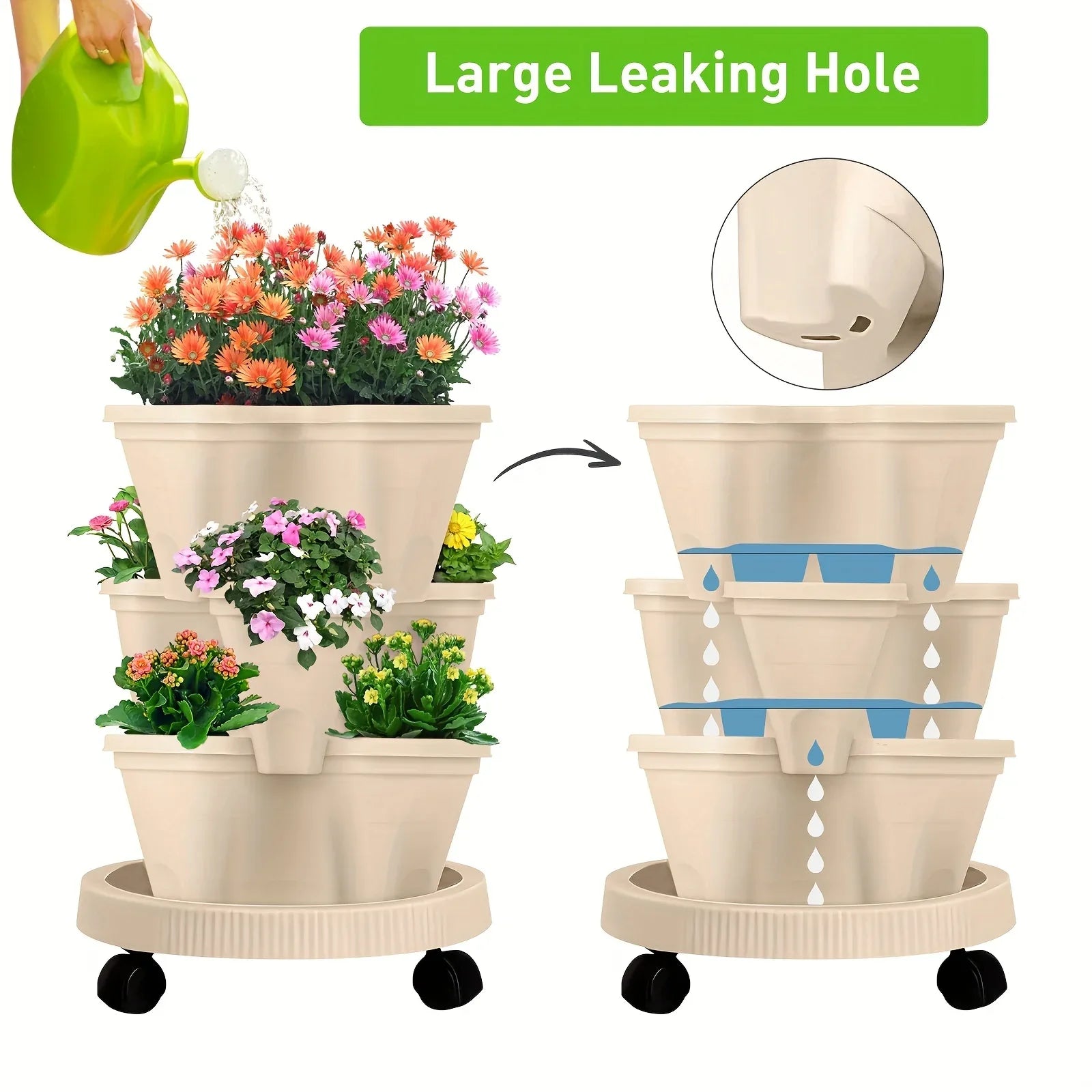 Red 3-Tier Stackable Strawberry & Vegetable Planter with Mobile Wheel Tray - Space-Saving Vertical Gardening System - Mekamart Australia