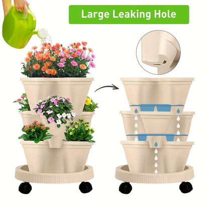 Red 3-Tier Stackable Strawberry & Vegetable Planter with Mobile Wheel Tray - Space-Saving Vertical Gardening System - Mekamart Australia