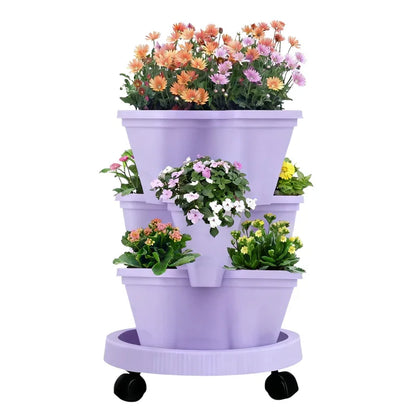 Purple 3-Tier Stackable Strawberry & Vegetable Planter with Mobile Wheel Tray - Space-Saving Vertical Gardening System - Mekamart Australia