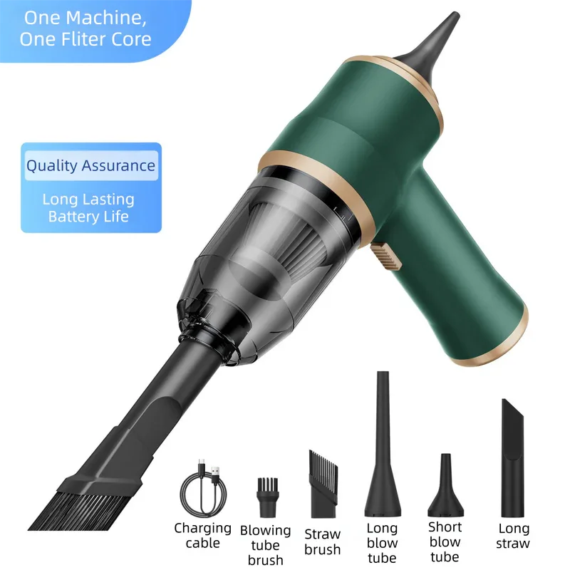 4-in1 Green Wireless Compact Handheld Car Vacuum Cleaner & Air Duster with 5 Nozzles/Brushes- 5300 Pa High Power Blower/Suction Tool for Auto, Home & Office - Mekamart Australia