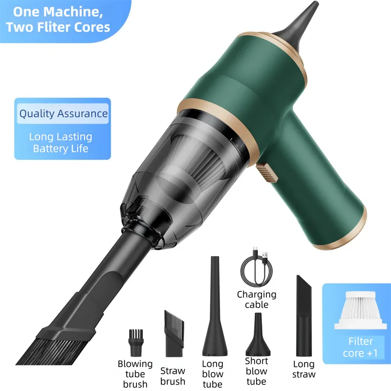 4-in1 Green Wireless Compact Handheld Car Vacuum Cleaner & Air Duster with 5 Nozzles/Brushes- 15000 Pa Ultra-Powerful Blower/Suction Tool for Auto, Home & Office - Mekamart Australia