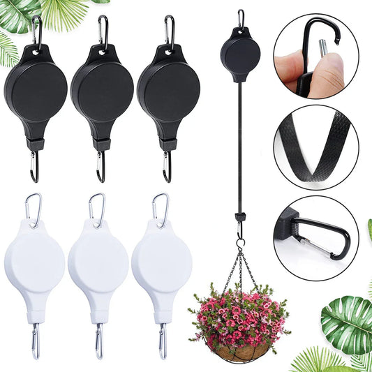 3PCS Black + 3PCS White Retractable Hanging Basket Pulley System & 6PCS Heavy Duty Stainless Steel S-Hooks Combo - Garden Plant Hanger(Max Load 5KG) - Mekamart Australia