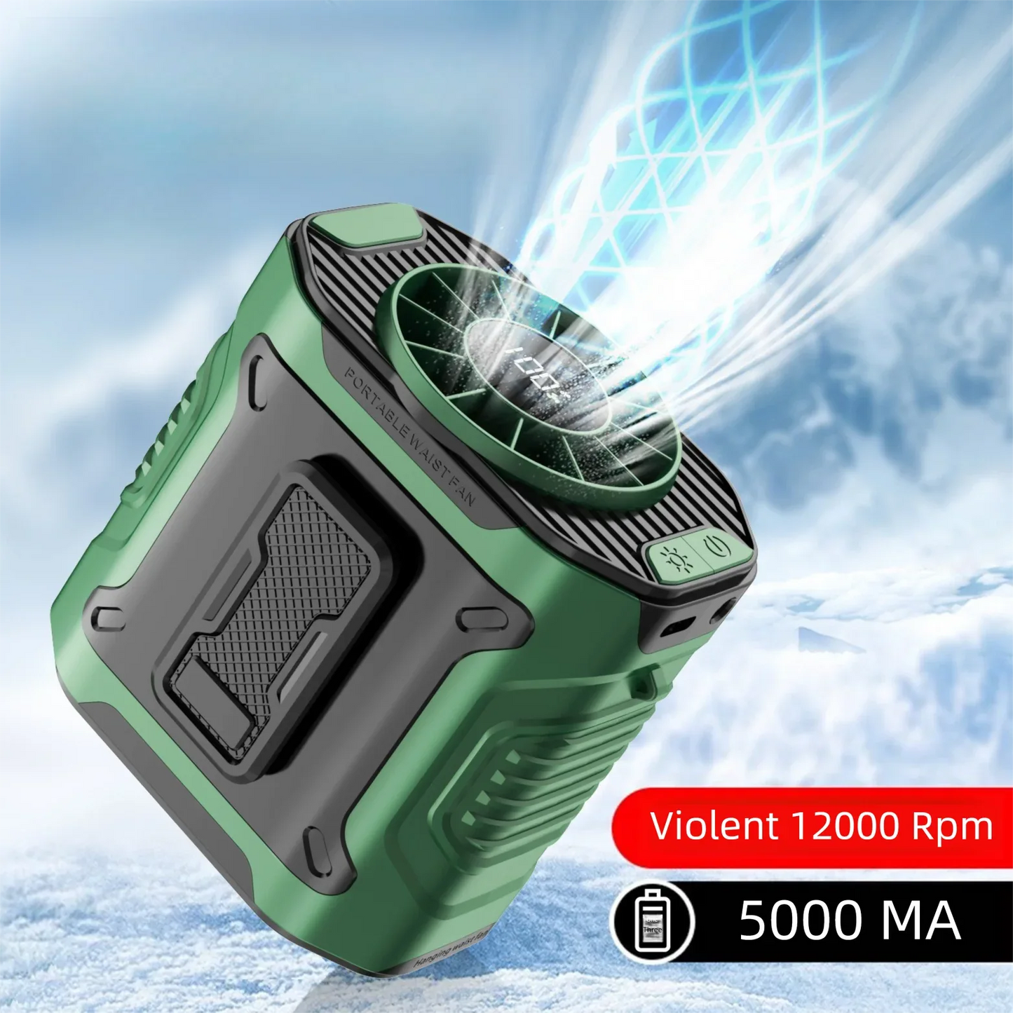 Dark Green Portable Waist Fan - Construction Site Cooling Solution with 360° Turbo Ice Engine, 100 Speed Gears, and LED Light - Mekamart Australia