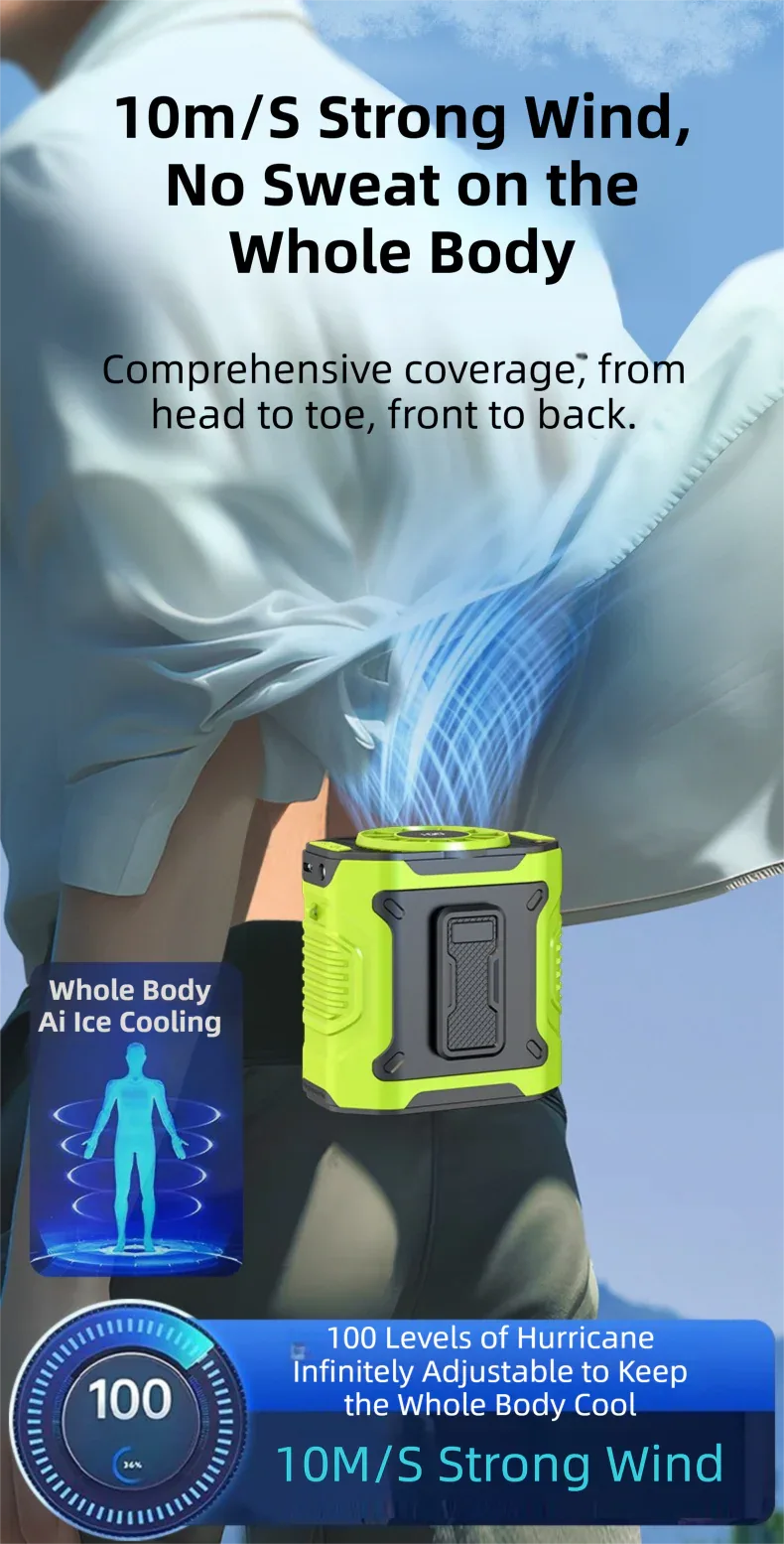 Dark Green Portable Waist Fan - Construction Site Cooling Solution with 360° Turbo Ice Engine, 100 Speed Gears, and LED Light - Mekamart Australia