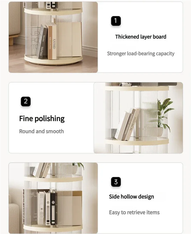 Rotating circular bookshelf with four layers- Cream White Multi-Layer Storage Rack, 40.5x40.5x135.5cm (ABS+PET) - Mekamart Australia