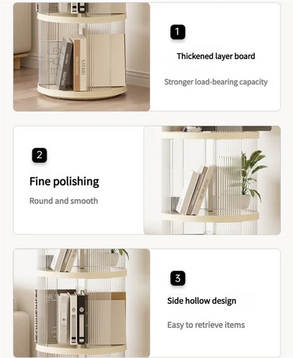Rotating circular bookshelf with four layers- Cream White Multi-Layer Storage Rack, 40.5x40.5x135.5cm (ABS+PET) - Mekamart Australia