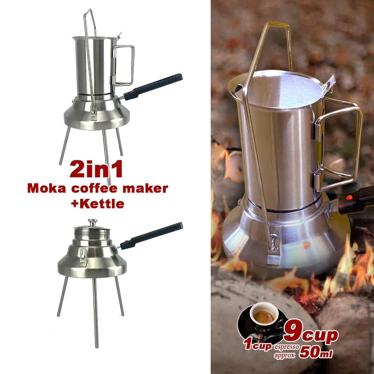 2 In 1 Camping Stainless Steel 9Cup Pot Moka Coffee Maker Italian Espresso Kettle 2024 NEW MODLE - Mekamart Australia