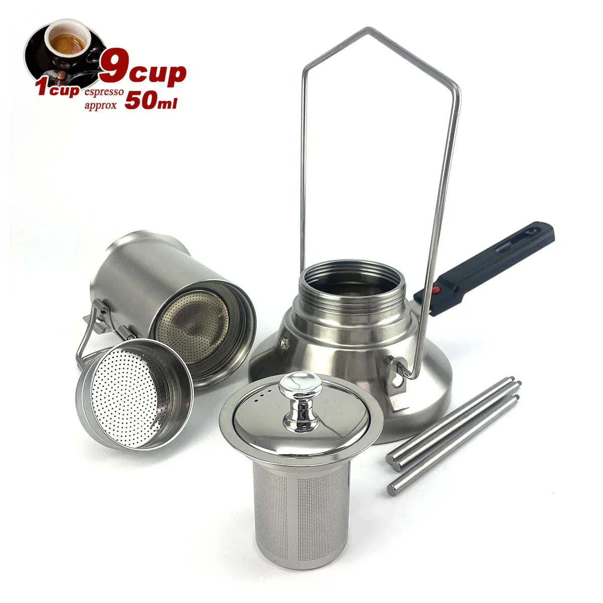 2 In 1 Camping Stainless Steel 9Cup Pot Moka Coffee Maker Italian Espresso Kettle 2024 NEW MODLE - Mekamart Australia
