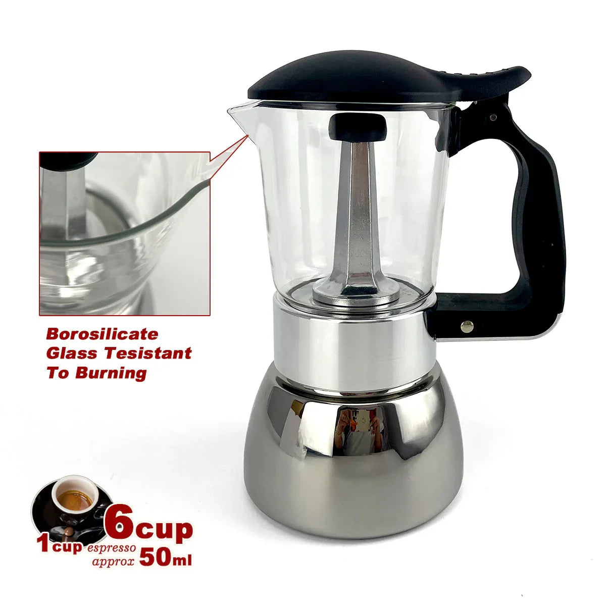 Borosilicate Glass Stainless Steel Moka Pot Coffee Maker Italian Espresso 6Cups - Mekamart Australia