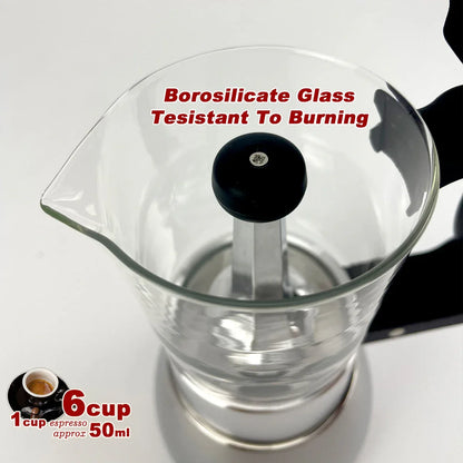 Borosilicate Glass Stainless Steel Moka Pot Coffee Maker Italian Espresso 6Cups - Mekamart Australia