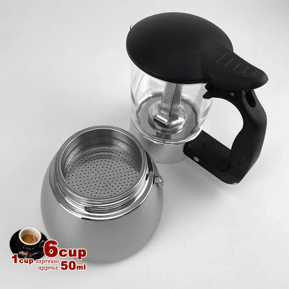 Borosilicate Glass Stainless Steel Moka Pot Coffee Maker Italian Espresso 6Cups - Mekamart Australia