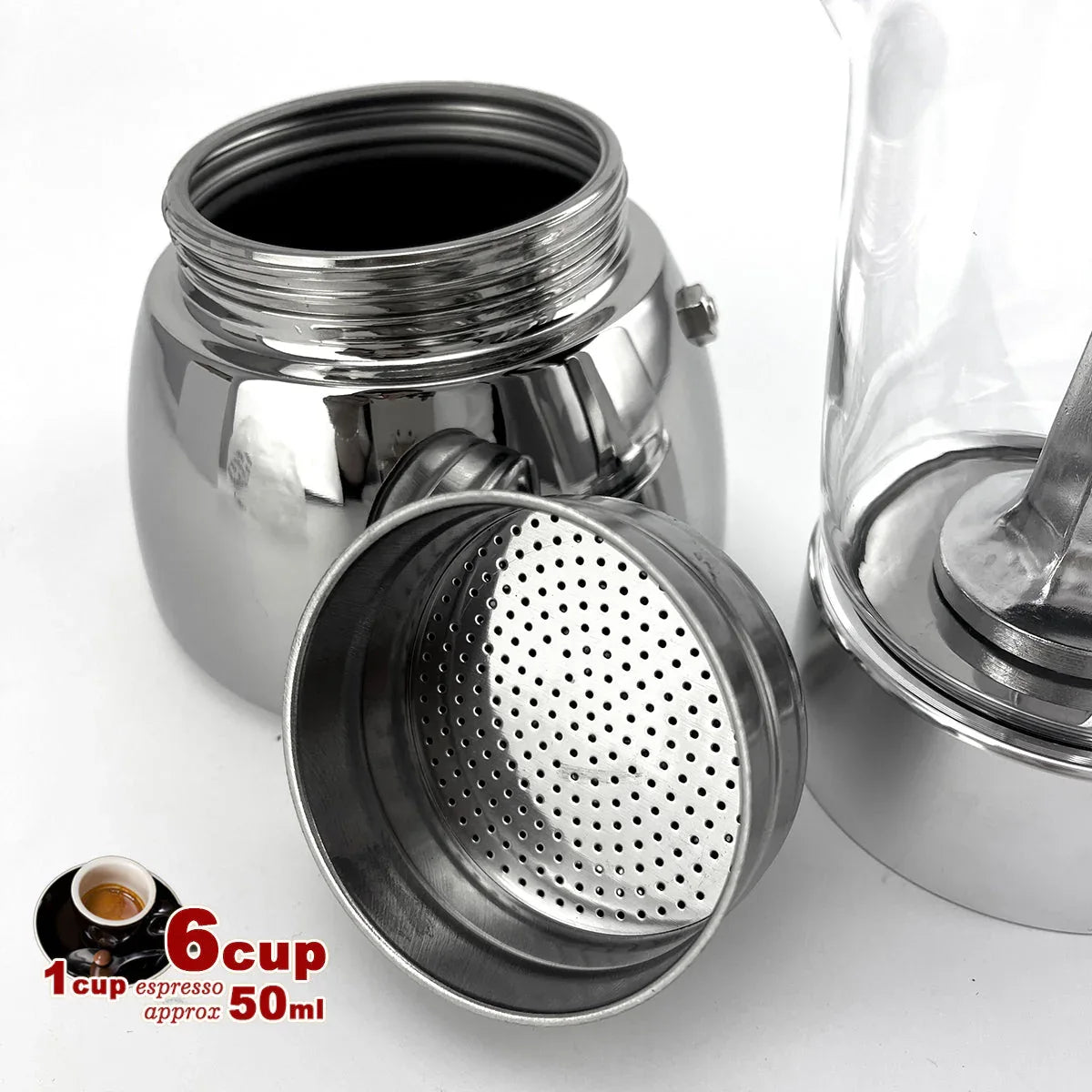 Borosilicate Glass Stainless Steel Moka Pot Coffee Maker Italian Espresso 6Cups - Mekamart Australia
