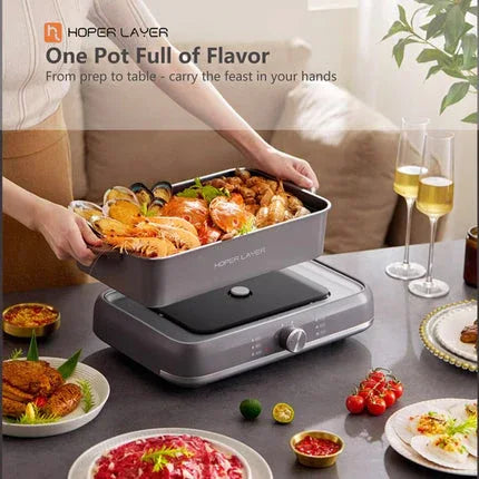 HOPER LAYER Electric Hot Pot 6L – Multifunctional Nonstick Cooker with Grill, Boil, Simmer & Fry Modes 2000W Power, Square Removable Pot - Mekamart Australia