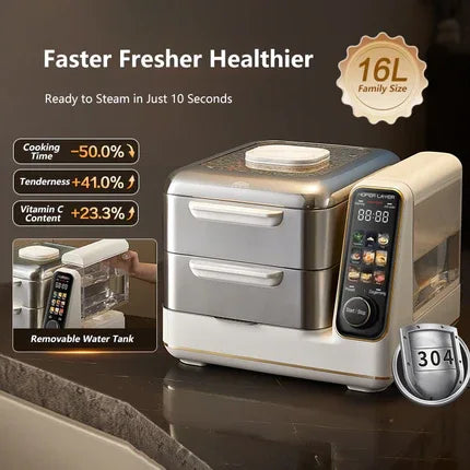 Hoper Layer Electric Food Steamer 16L Large Capacity 10 Second Start 24H Timer Independent Water Tank - Mekamart Australia