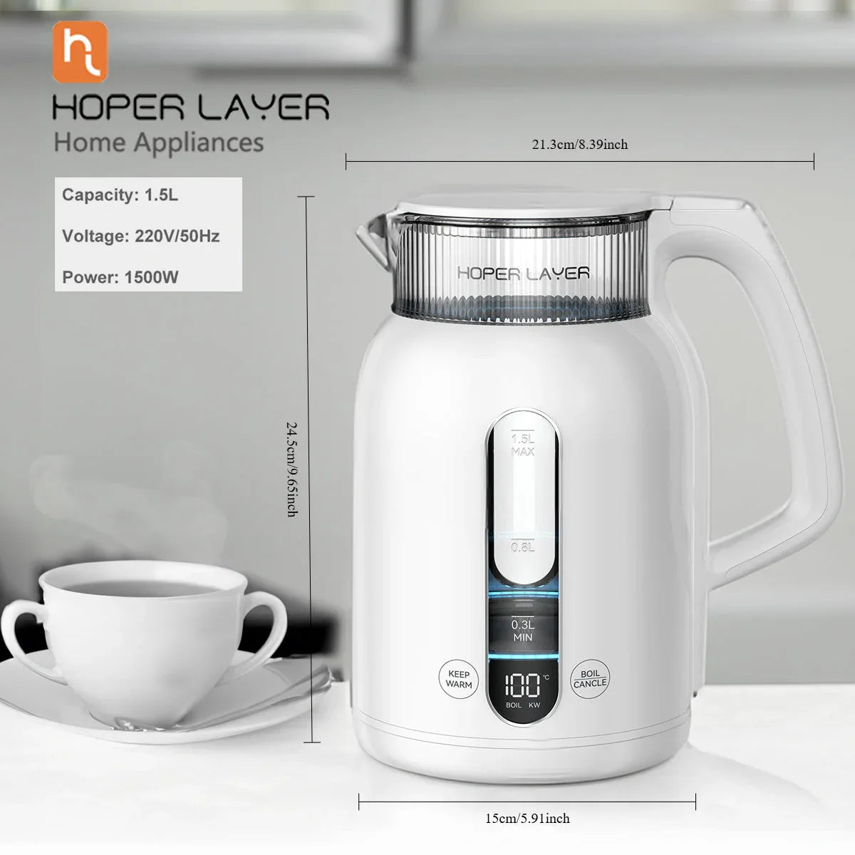 Hoper Layer Insulation Electric Kettle 1.5L 1500W Water Boiler K15-G1 - Mekamart Australia