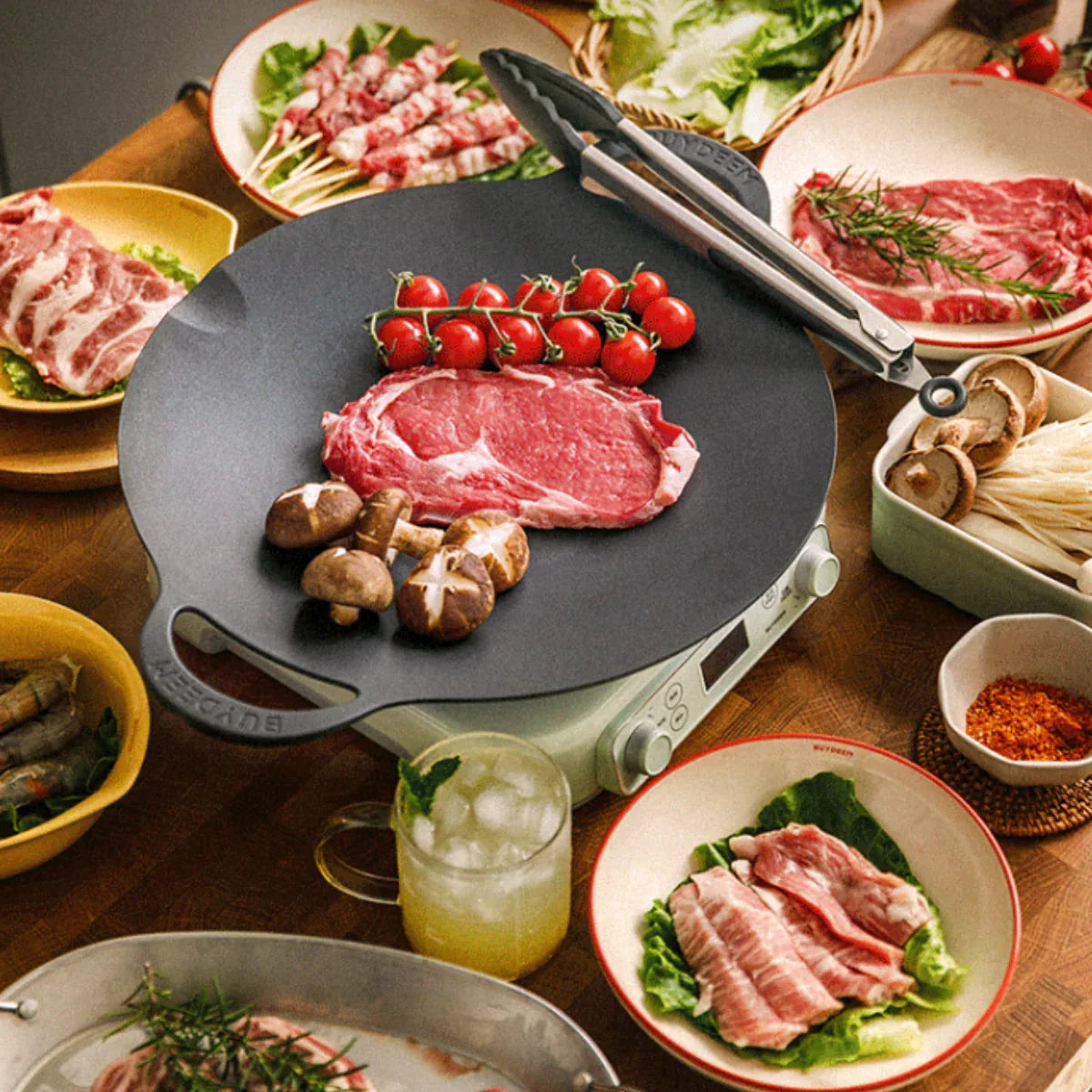 BUYDEEM Grill Pan Nonstick 36cm Round BBQ Griddle Indoor or Outdoor Cooking - Mekamart Australia