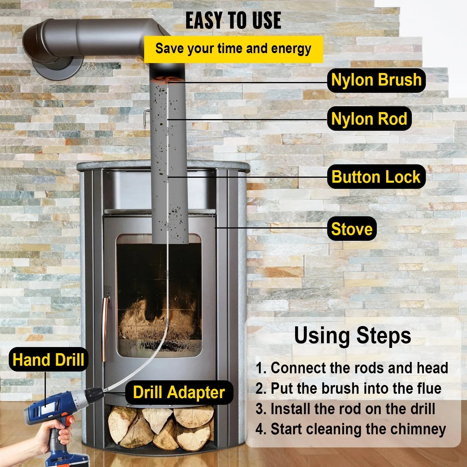 VEVOR Chimney Sweeping Brush Rotary Chimney Brush 315Inch Chimney Brush Rod Kit 8 Rods with Nylon Flexible Rods (8 Rods) - Mekamart Australia