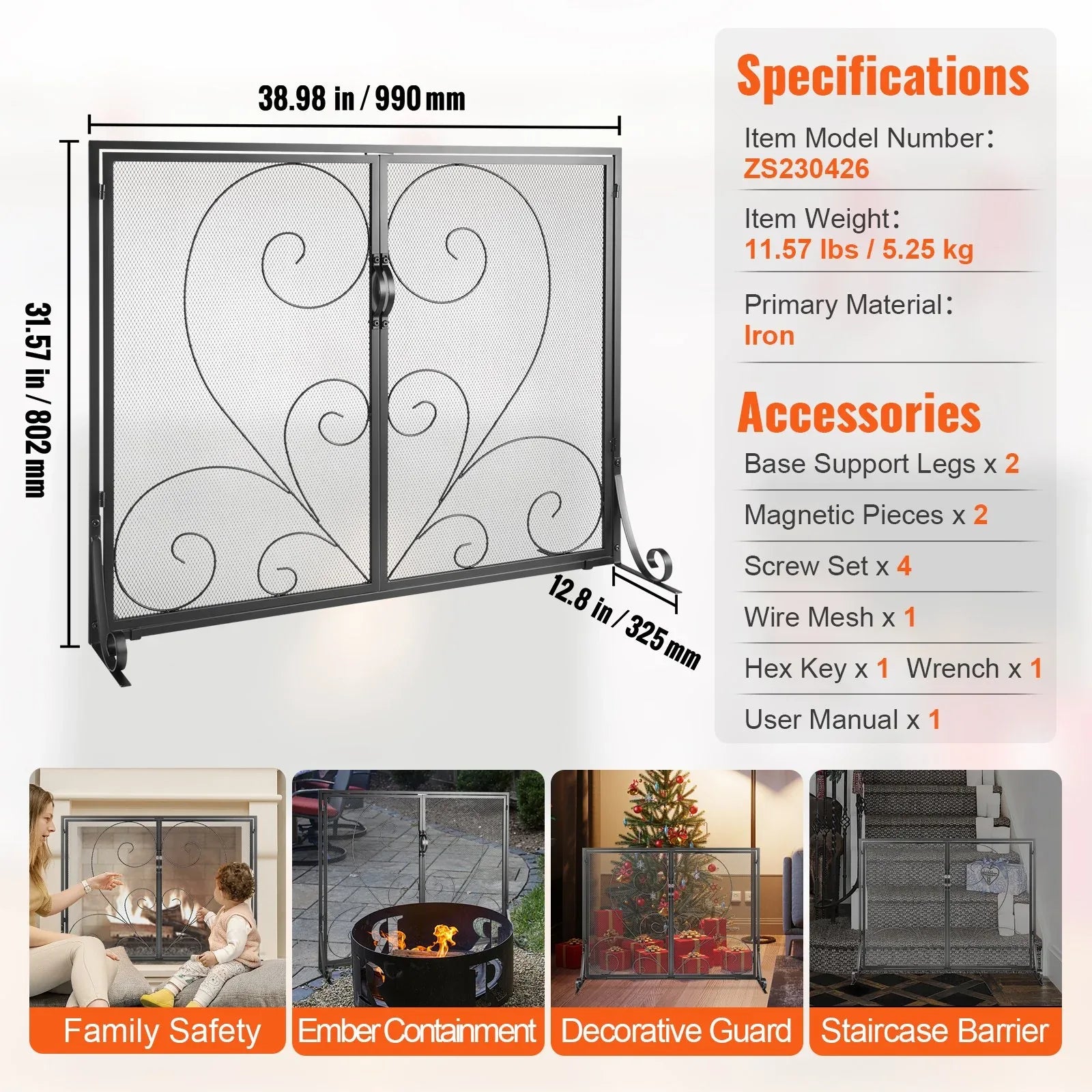 VEVOR 990x802MM Fireplace Screen 2-Panel Iron Mesh Spark Guard Vintage Black - Mekamart Australia