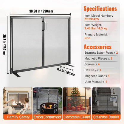 VEVOR Fireplace Screen 1 Panel with Door, Sturdy Iron Mesh Fireplace Screen, 990(L) x780(H)MM Spark Guard Cover, Simple Installation, Free Standing Fire Fence Grate for Living Room Home Decor Modern - Mekamart Australia