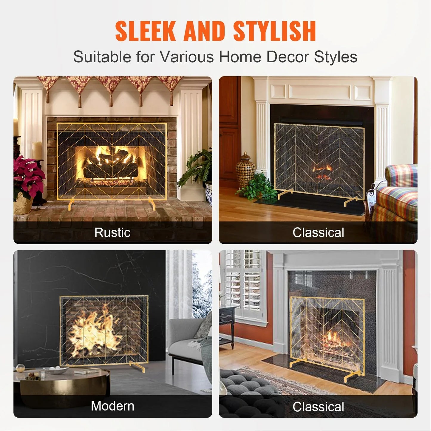 VEVOR 980x758MM Fireplace Screen 1-Panel Iron Mesh Spark Guard Modern Gold - Mekamart Australia