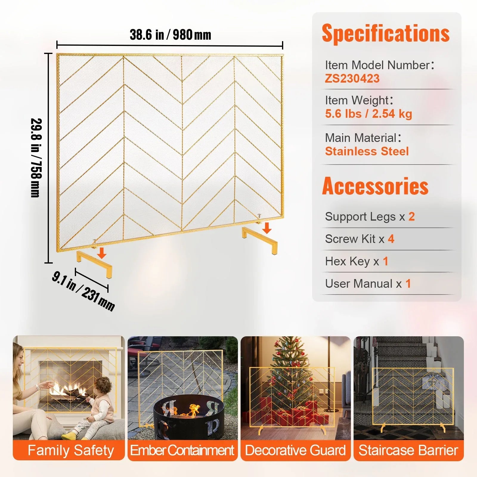 VEVOR 980x758MM Fireplace Screen 1-Panel Iron Mesh Spark Guard Modern Gold - Mekamart Australia