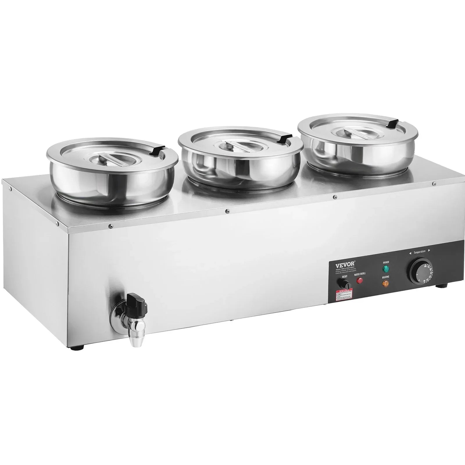 VEVOR Electric Soup Warmer, Three 7.4QT Stainless Steel Round Pot, 1200W Commercial Food Warmer, 30 - 85℃ Adjustable Temp, Bain Marie with Anti-Dry Burn and Reset Button, for Restaurant, Buffet - Mekamart Australia