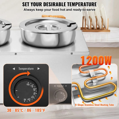 VEVOR Electric Soup Warmer, Three 7.4QT Stainless Steel Round Pot, 1200W Commercial Food Warmer, 30 - 85℃ Adjustable Temp, Bain Marie with Anti-Dry Burn and Reset Button, for Restaurant, Buffet - Mekamart Australia