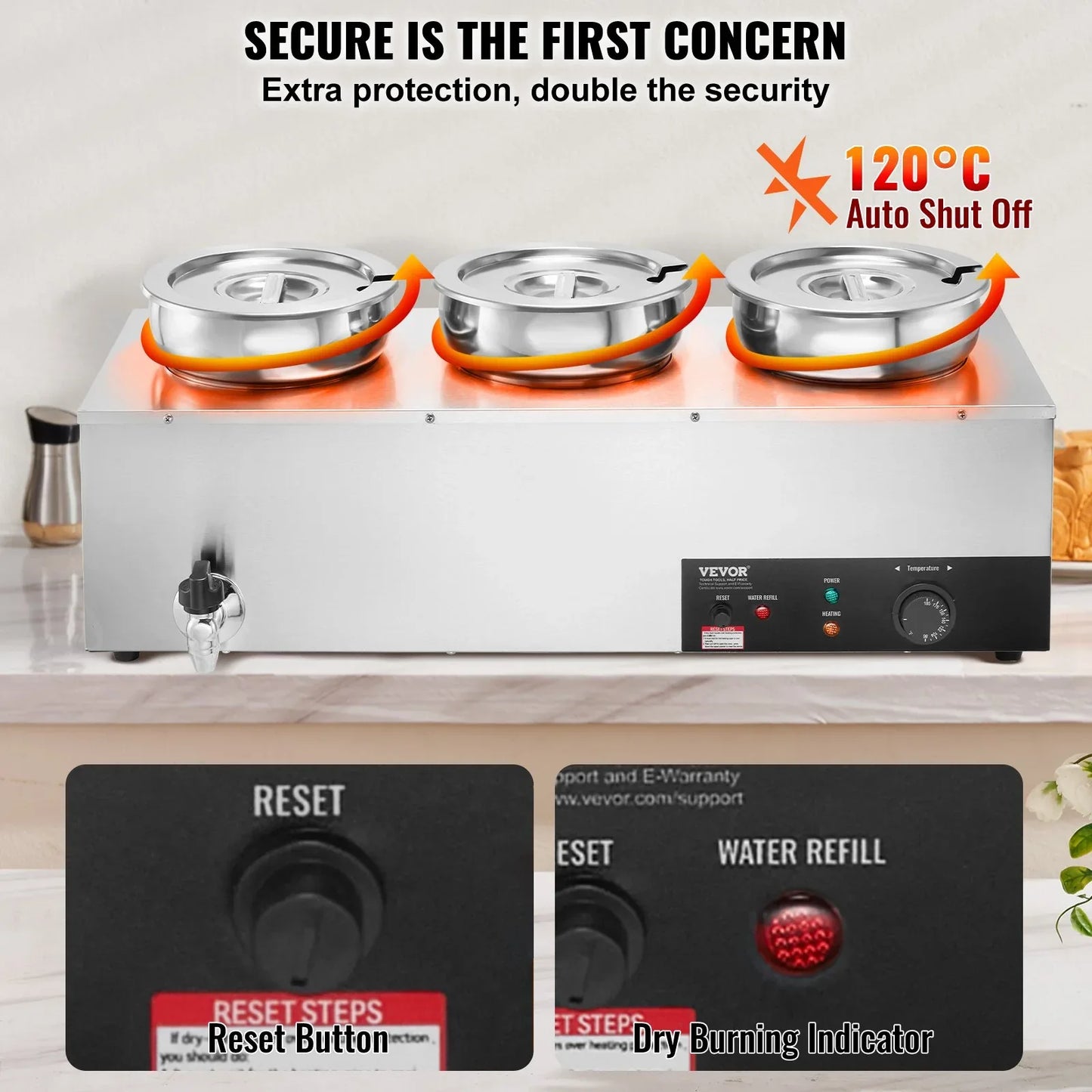 VEVOR Electric Soup Warmer, Three 7.4QT Stainless Steel Round Pot, 1200W Commercial Food Warmer, 30 - 85℃ Adjustable Temp, Bain Marie with Anti-Dry Burn and Reset Button, for Restaurant, Buffet - Mekamart Australia