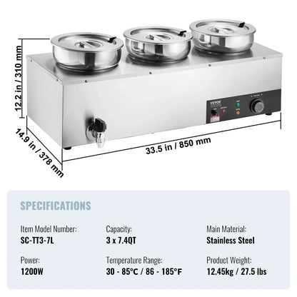VEVOR Electric Soup Warmer, Three 7.4QT Stainless Steel Round Pot, 1200W Commercial Food Warmer, 30 - 85℃ Adjustable Temp, Bain Marie with Anti-Dry Burn and Reset Button, for Restaurant, Buffet - Mekamart Australia