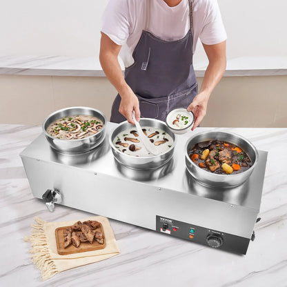 VEVOR Electric Soup Warmer, Three 7.4QT Stainless Steel Round Pot, 1200W Commercial Food Warmer, 30 - 85℃ Adjustable Temp, Bain Marie with Anti-Dry Burn and Reset Button, for Restaurant, Buffet - Mekamart Australia