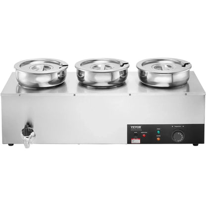 VEVOR Electric Soup Warmer, Three 7.4QT Stainless Steel Round Pot, 1200W Commercial Food Warmer, 30 - 85℃ Adjustable Temp, Bain Marie with Anti-Dry Burn and Reset Button, for Restaurant, Buffet - Mekamart Australia