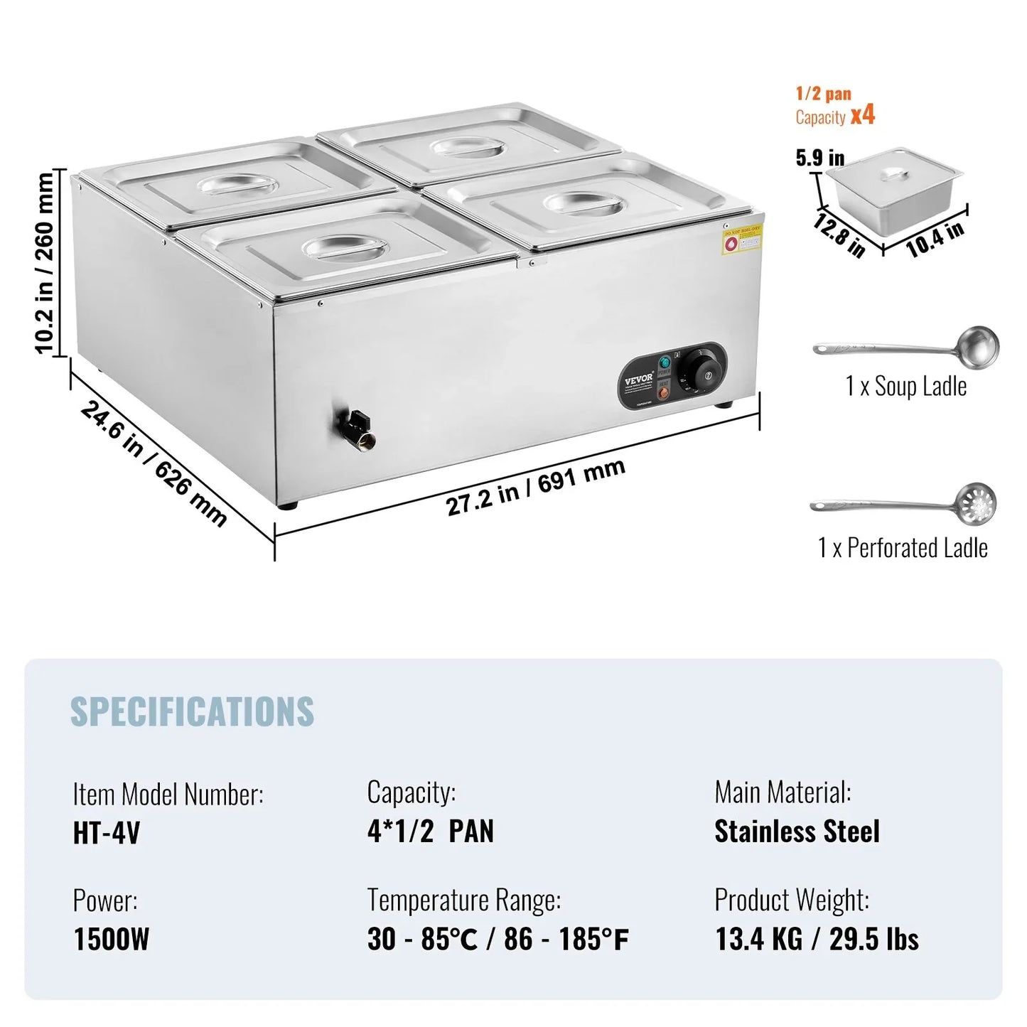 VEVOR Commercial Electric Food Warmer Countertop Buffet 4*12 Qt Pan Bain Marie - Mekamart Australia