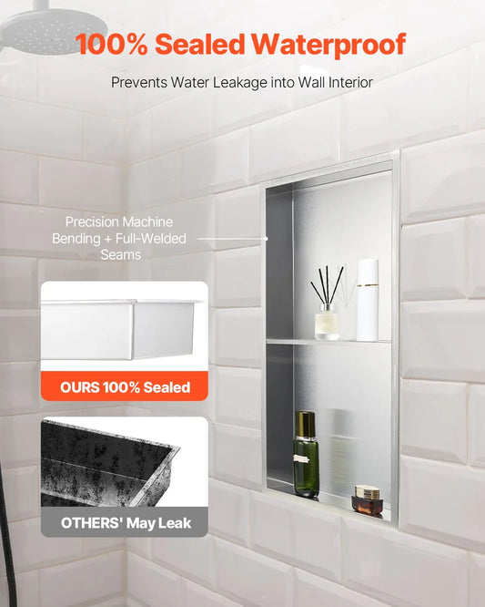 VEVOR Shower Niche, 33.0 x 63.5 x 10.2 cm Recessed Wall Niche Double-layer, with Hollowed-out Divider, Heavy-duty Stainless Steel Modern Shampoo Storage Organizer, Waterproof, Silver for Bathroom - Mekamart Australia